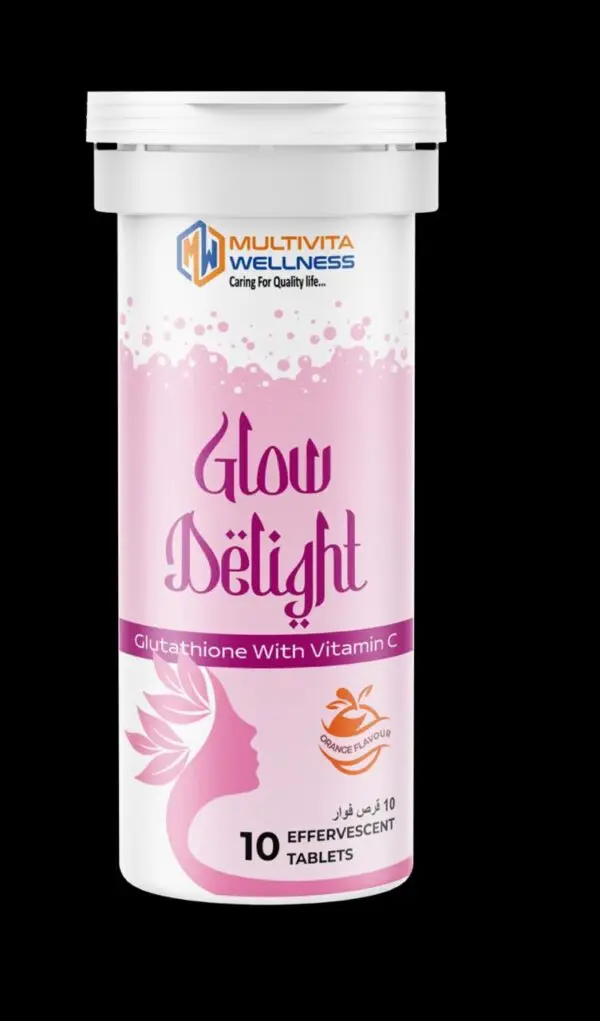 Woman holding glutathione vitamin C effervescent tablets for skin brightening
