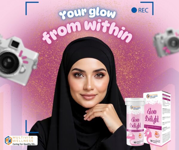 Woman holding glutathione vitamin C effervescent tablets for skin brightening